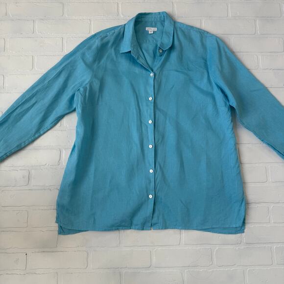 J.Jill Love Linen Essential Shirt Turquoise Blue Long Sleeve Button Down sz L - Picture 3 of 6